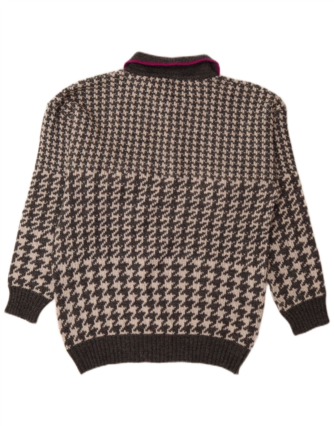 Vintage Herre Polo Neck Jumper Sweater Large Grå Houndstooth