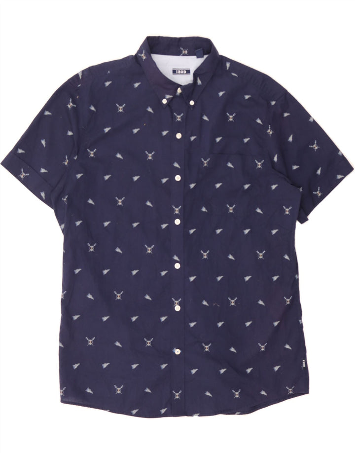 IZOD Mens Abstract Pattern Short Sleeve Shirt XL Navy Blue Cotton Vintage Izod and Second-Hand Izod from Messina Hembry 