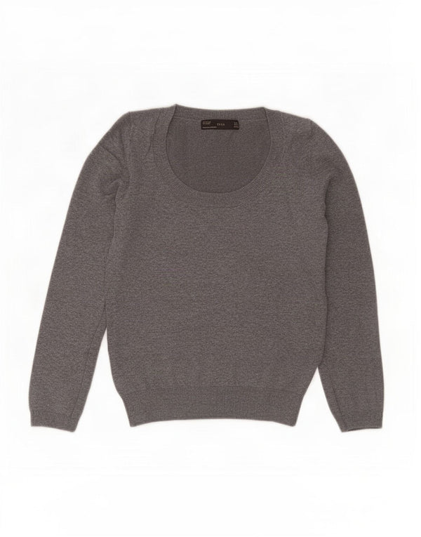 Zara Womens Crop Boat Neck Jumper Sweater UK 14 Large Grey Bomuld