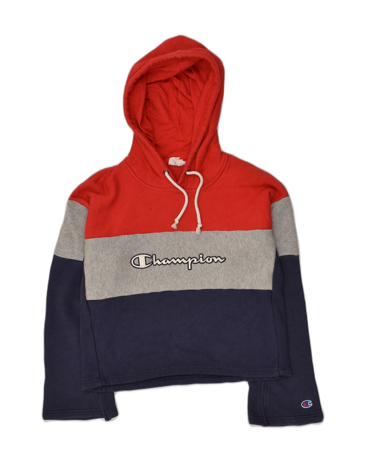 CHAMPION Womens Graphic Crop Hoodie Jumper UK 12 Medium Red Colourblock | Vintage Champion | Thrift | Second-Hand Champion | Used Clothing | Messina Hembry 