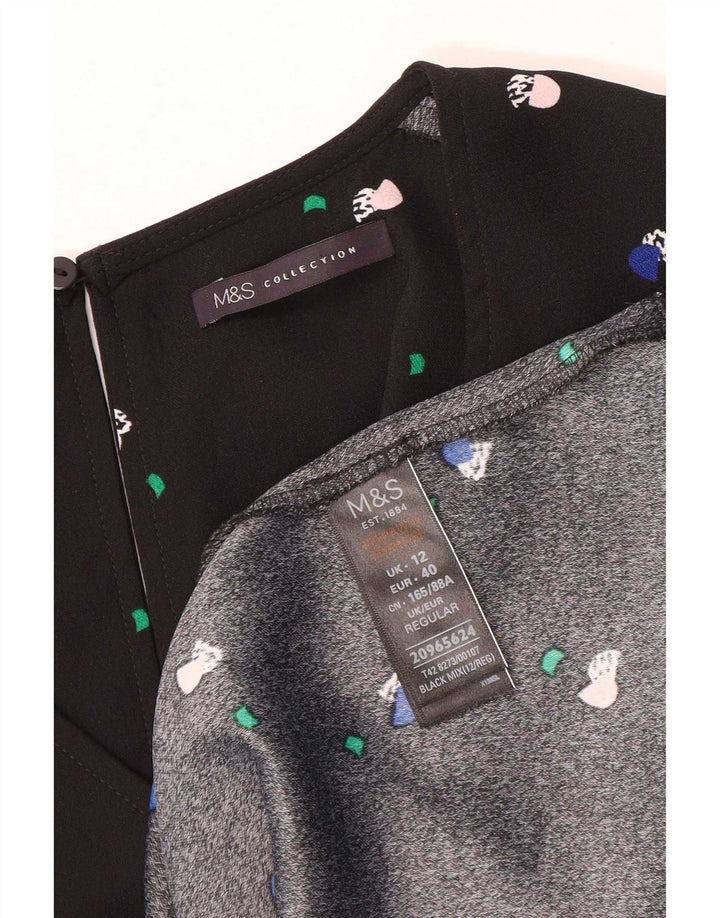 Marks & Spencer Kvinder Abstrakt Mønster A-Line Kjole UK 12 Medium Sort