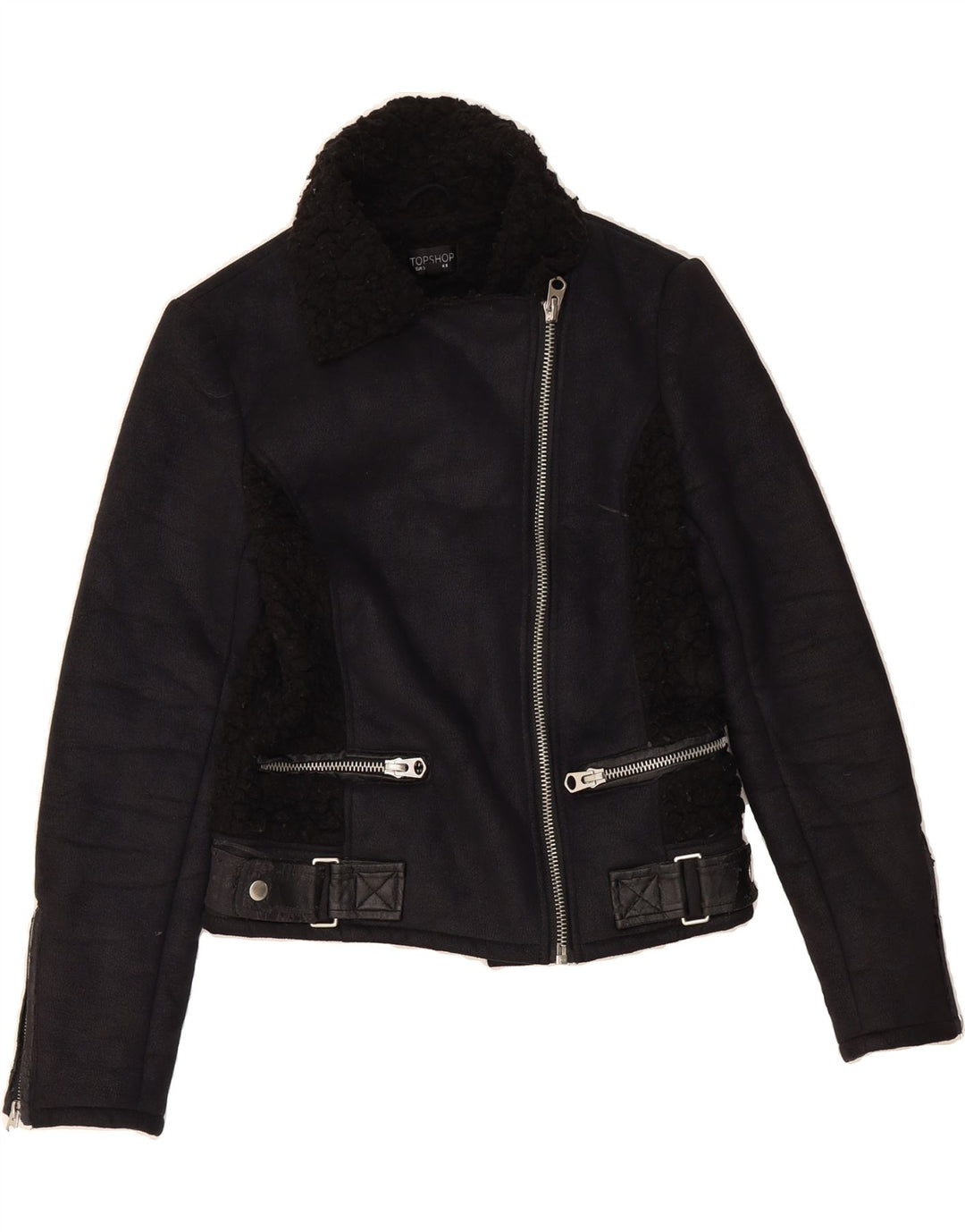 TOPSHOP Womens Biker Sherpa Jacket UK 8 Small Black Polyurethane Vintage Topshop and Second-Hand Topshop from Messina Hembry 