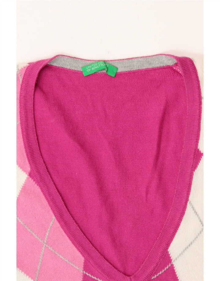 Benetton Dame V-hals sweater UK 12 Medium Pink Argyle/Diamond