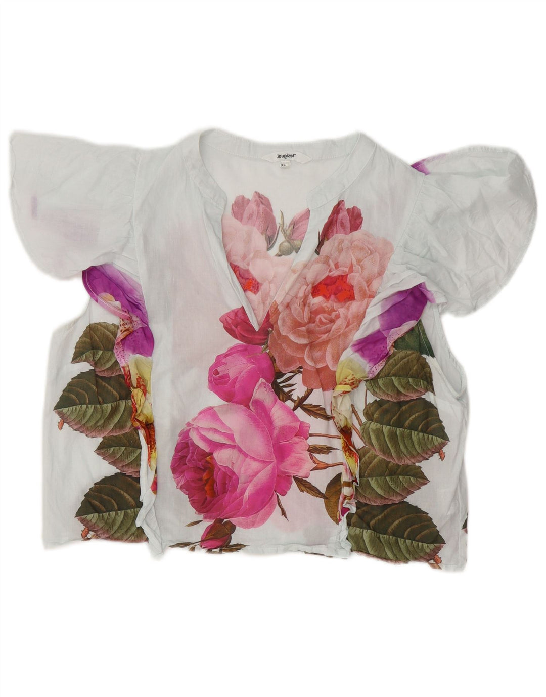 DESIGUAL Womens Crop Flæse Front Bluse Top UK 18 XL Hvid Blomsterbomuld