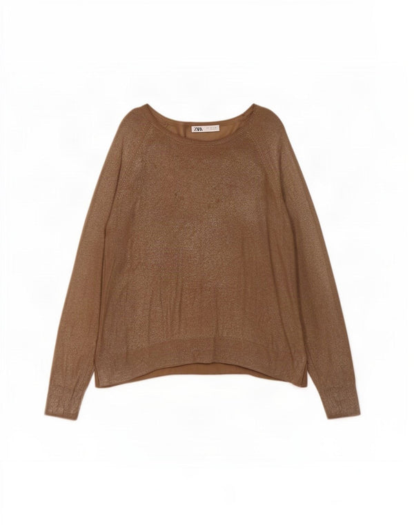 Zara Womens Oversized Boat Neck Jumper Sweater UK 16 Large Brown Viscose
