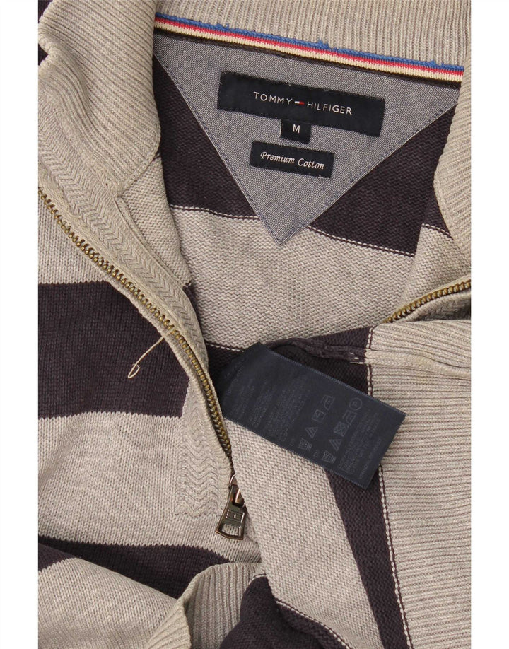 Tommy Hilfiger Herre Zip Neck Jumper Sweater Medium Grå Stribet Bomuld