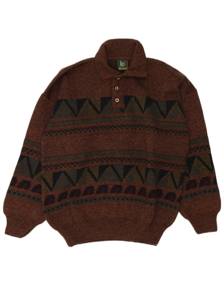 Vintage herre polo hals sweater stor brun geometrisk