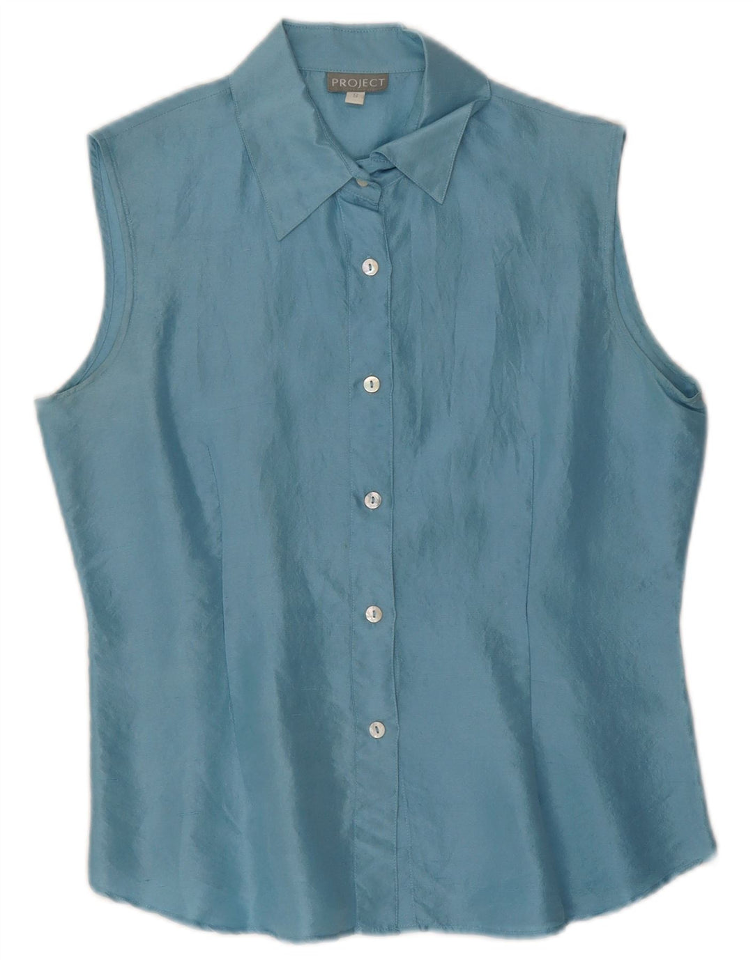 Project Dame ærmeløs skjorte bluse UK 10 Small Blue Silk