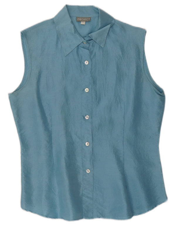 Project Dame ærmeløs skjorte bluse UK 10 Small Blue Silk