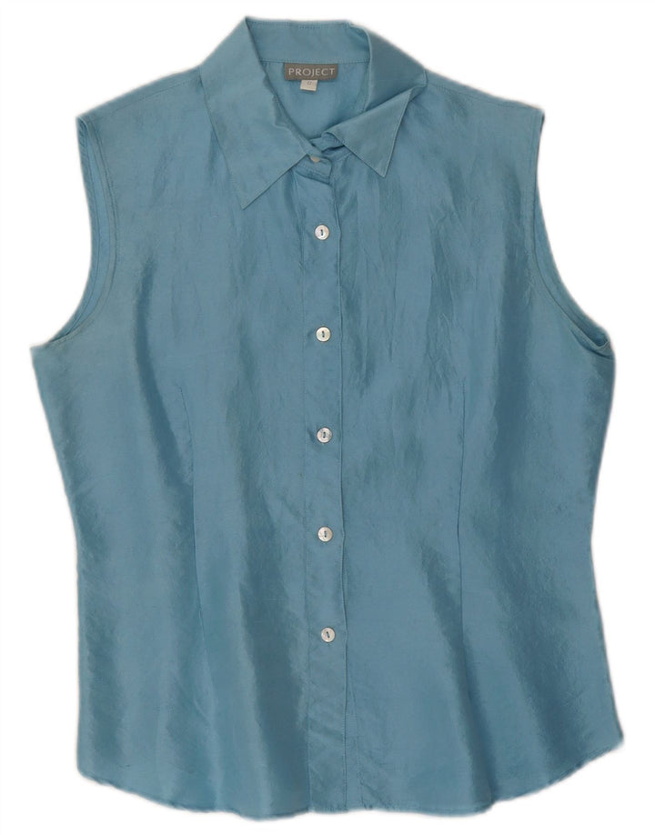 Project Dame ærmeløs skjorte bluse UK 10 Small Blue Silk