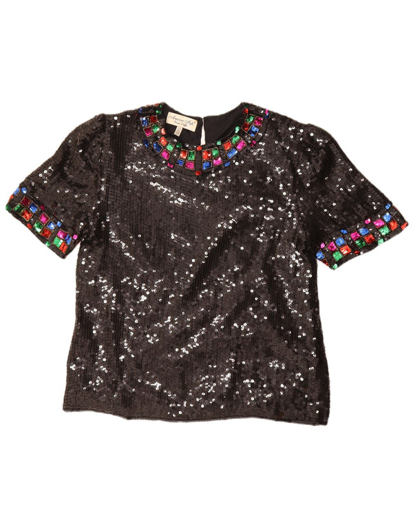 Vintage Dame Pailletbluse Top UK 16 Stor Sort Silke