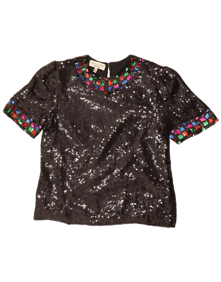 Vintage Dame Pailletbluse Top UK 16 Stor Sort Silke