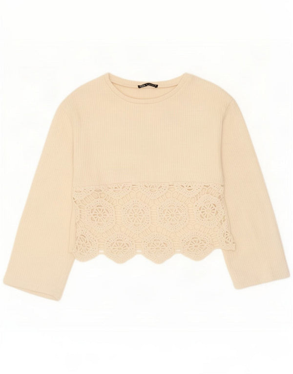 Zara Womens Crop Top Langærmet UK 10 Small Off White