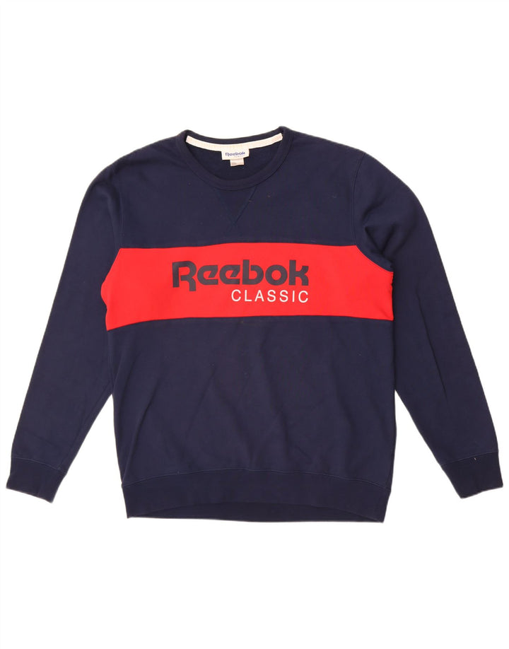 Reebok Herre grafisk sweatshirt Jumper Large Navyblå Colourblock Bomuld