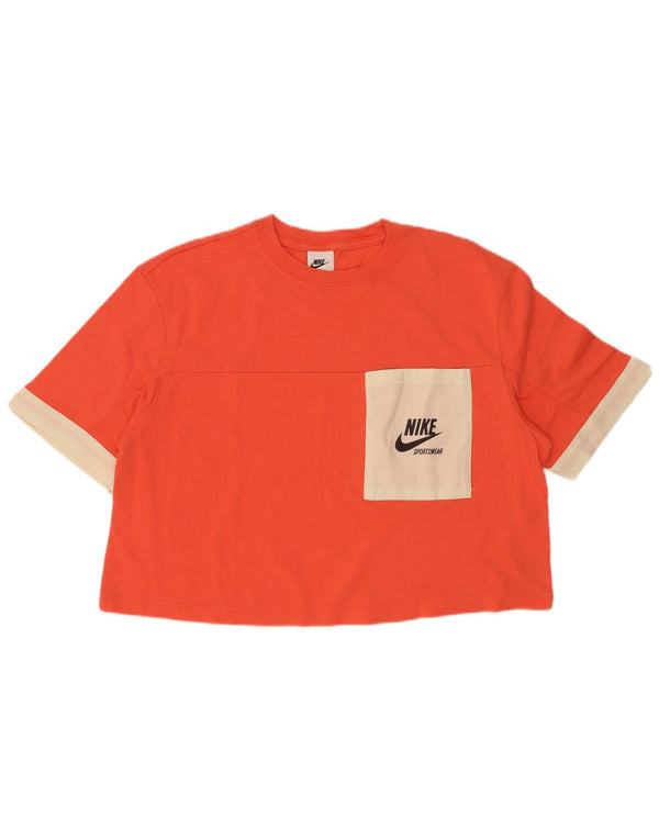 Nike Dame Crop Grafisk T-Shirt Top UK 14 Medium Orange Colourblock Bomuld