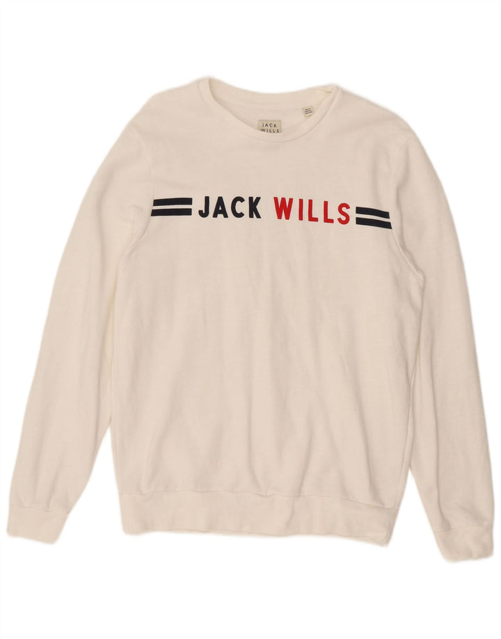 JACK WILLS Mens Graphic Sweatshirt Jumper Large White Cotton