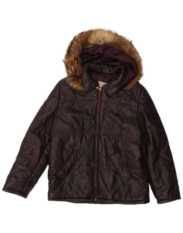 VINTAGE læderjakke med hætte til kvinder UK 16 Large Maroon