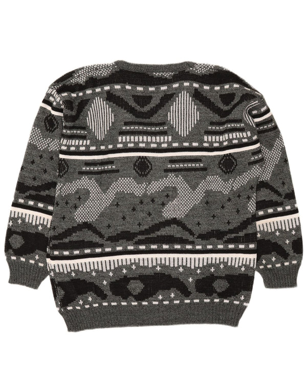 Vintage Herre V-hals sweater XL Grå Geometrisk akryl