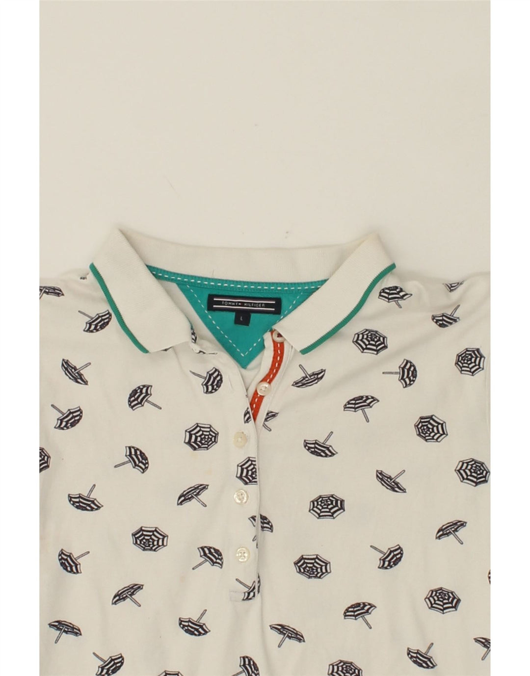 TOMMY HILFIGER Womens Abstract Pattern Polo Shirt UK 14 Large White Cotton Vintage Tommy Hilfiger and Second-Hand Tommy Hilfiger from Messina Hembry 