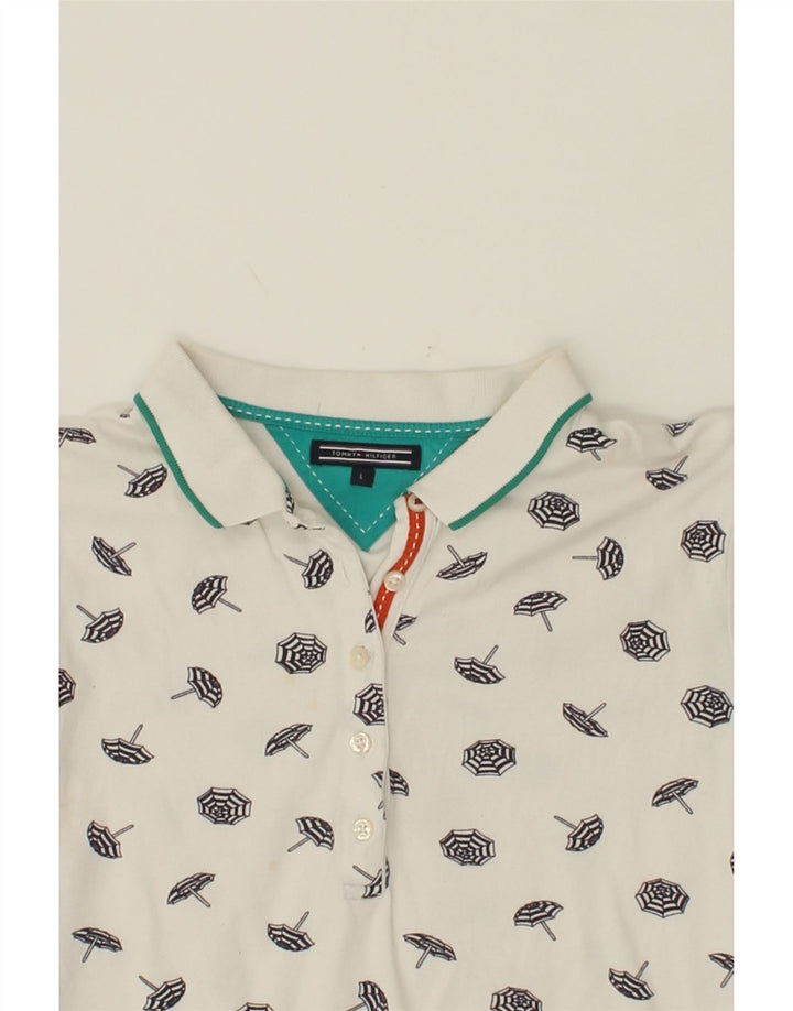 TOMMY HILFIGER Womens Abstract Pattern Polo Shirt UK 14 Large White Cotton Vintage Tommy Hilfiger and Second-Hand Tommy Hilfiger from Messina Hembry 