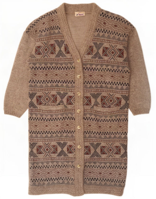 Vintage Dame Longline Cardigan Sweater UK 16 Stor Brun Geometrisk