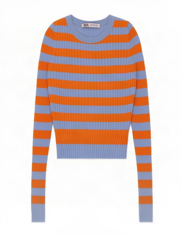 Zara Dame Crop Boat Neck Jumper Sweater UK 14 Stor Blå Stribet