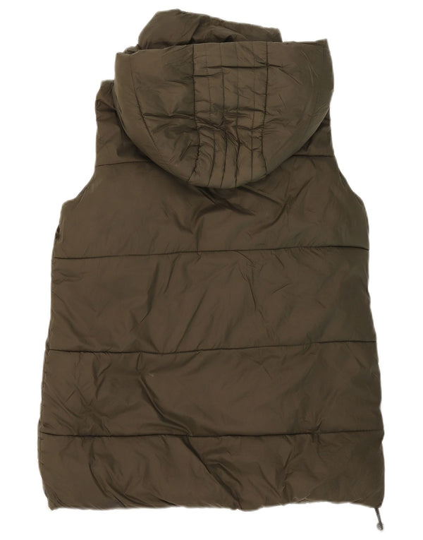Zara Dame Hooded Longline Polstret Gilet UK 12 Medium Khaki Polyester