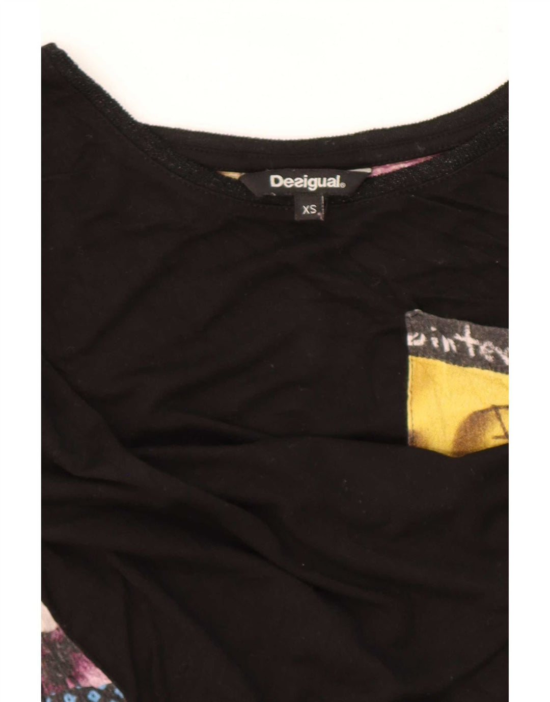 Desigual Dame Grafisk Langærmet Bluse Top UK 6 XS Sort Patchwork