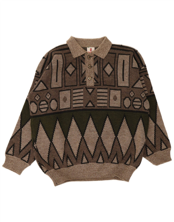 Vintage herre polo hals sweater medium brun geometrisk