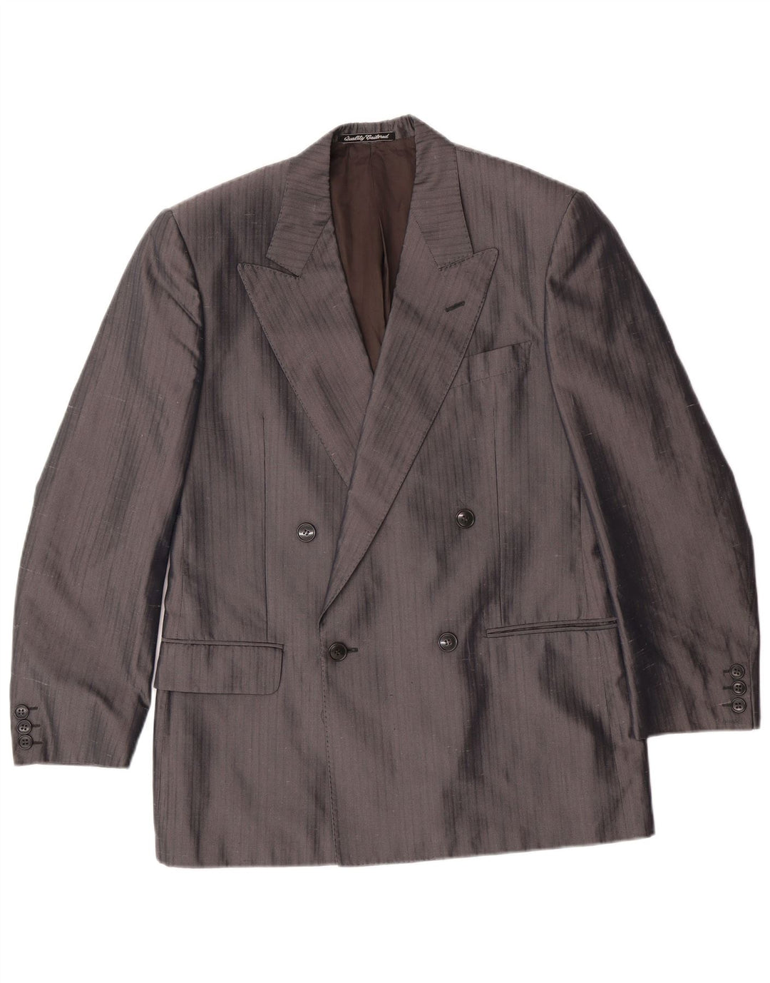 VINTAGE Mens Double Breasted Blazer Jacket IT 46 Large Grey Pinstripe Silk