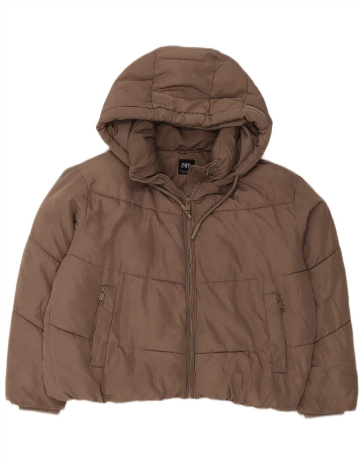 Zara Dame Hætte Oversized Polstret Jakke UK 14 Medium Brun Polyester