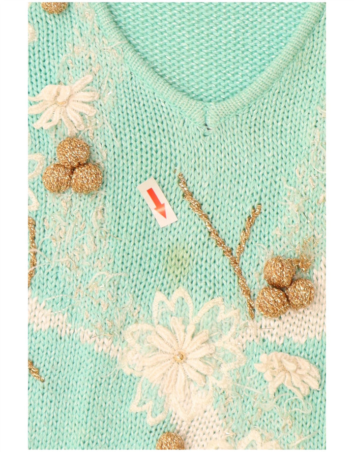 Vintage dame V-hals sweater IT 44 Medium turkis polyakryl