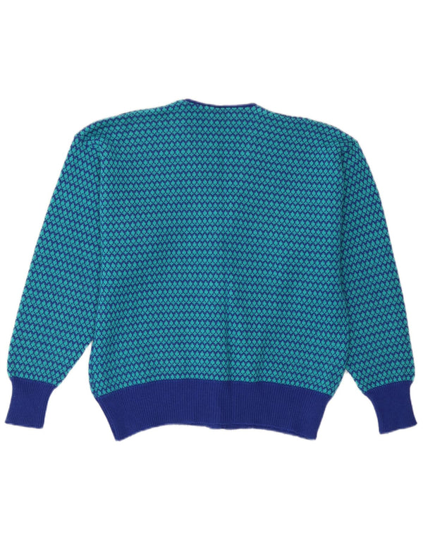 Vintage dame cardigan sweater UK 14 Medium Blue Houndstooth Uld