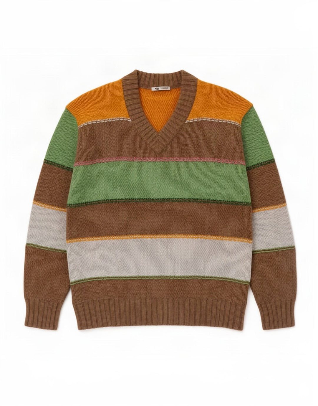 Zara Herre V-hals sweater Medium Flerfarvet stribet bomuld