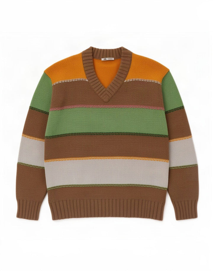 Zara Herre V-hals sweater Medium Flerfarvet stribet bomuld