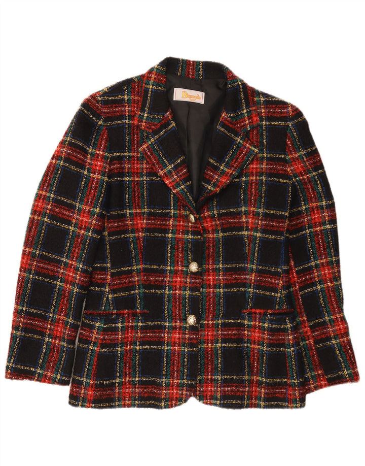 Blumode Dame 3 Button Blazer Jacket UK 8 Small Black Plaid Uld