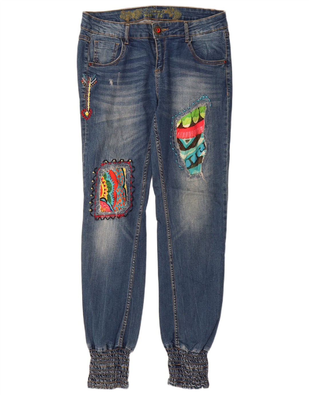 Desigual Dame Joggers med lav talje Slim Jeans W34 L32 Blå Patchwork