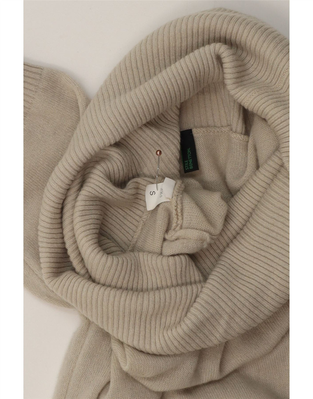 BENETTON Dame Kortærmet Rullehals Jumper Kjole UK 10 Small Beige