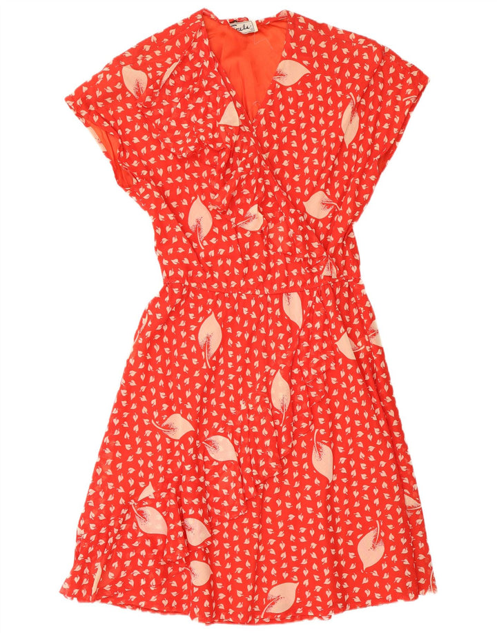 Vintage Dame Flæse Front A-Line Kjole ITB 44 Medium Red Floral Retro