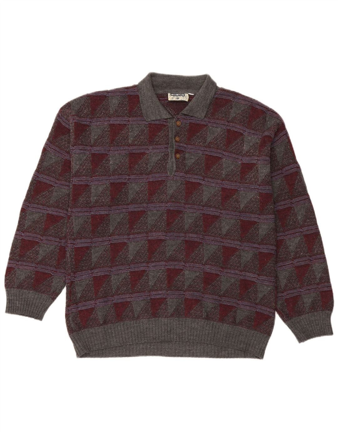 Vintage herre polo hals sweater stor grå geometrisk uld