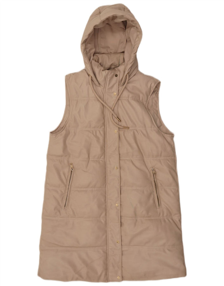 ZARA ærmeløs polstret frakke med hætte til kvinder UK 14 Medium Beige Polyester
