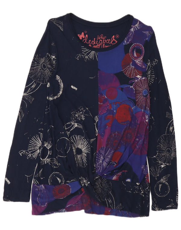 Desigual Dame Langærmet Tunika Top UK 14 Large Navy Blue Floral Viscose