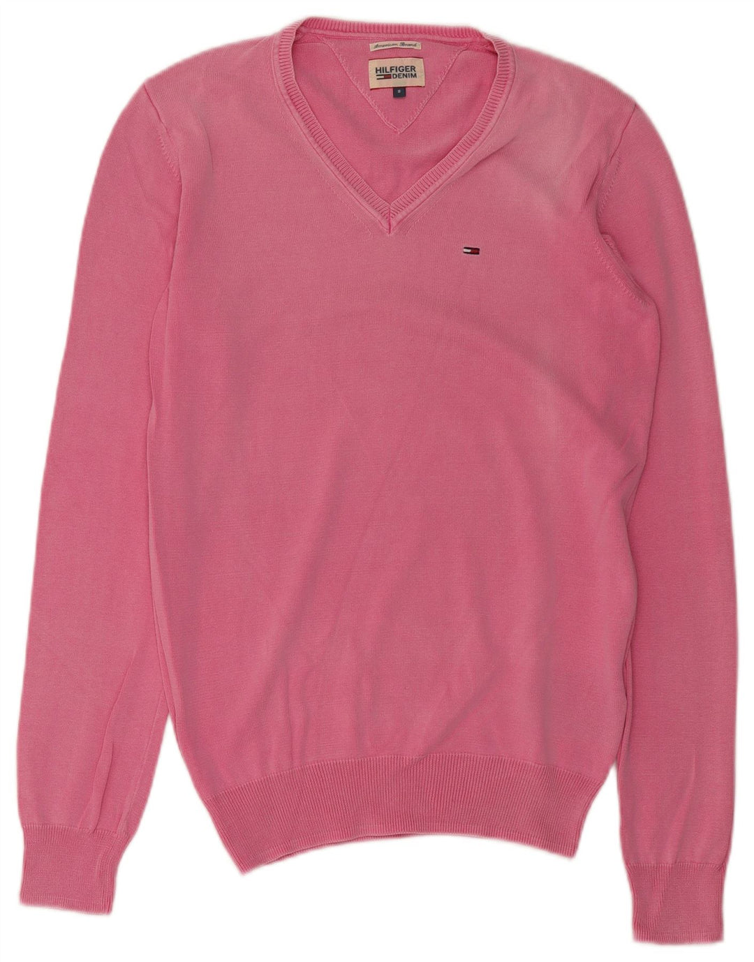 TOMMY HILFIGER Mens V-Neck Jumper Sweater Small Pink Cotton
