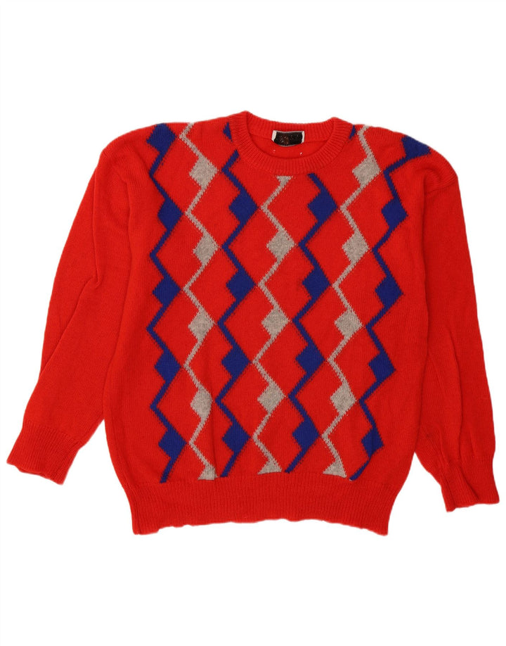 Vintage Herre Crew Neck Jumper Sweater Large Red Argyle/Diamond