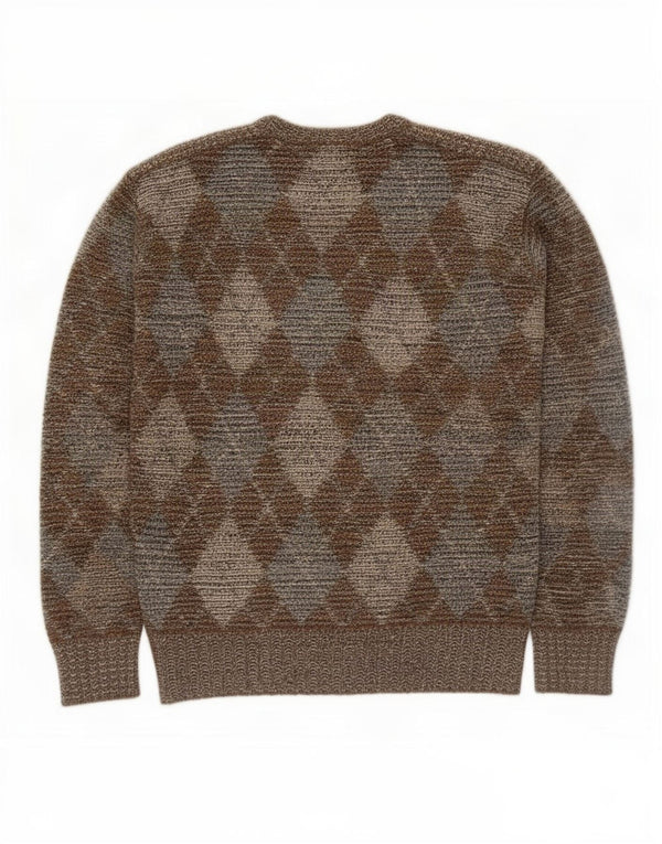 Vintage Herre rund hals sweater Medium Khaki Argyle/Diamond Wool