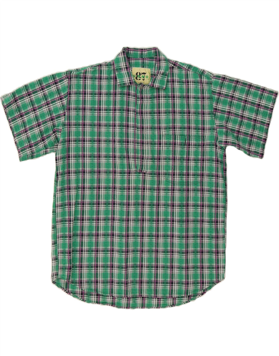 VINTAGE Mens Short Sleeve Pullover Shirt Medium Green Check Cotton Vintage Vintage and Second-Hand Vintage from Messina Hembry 