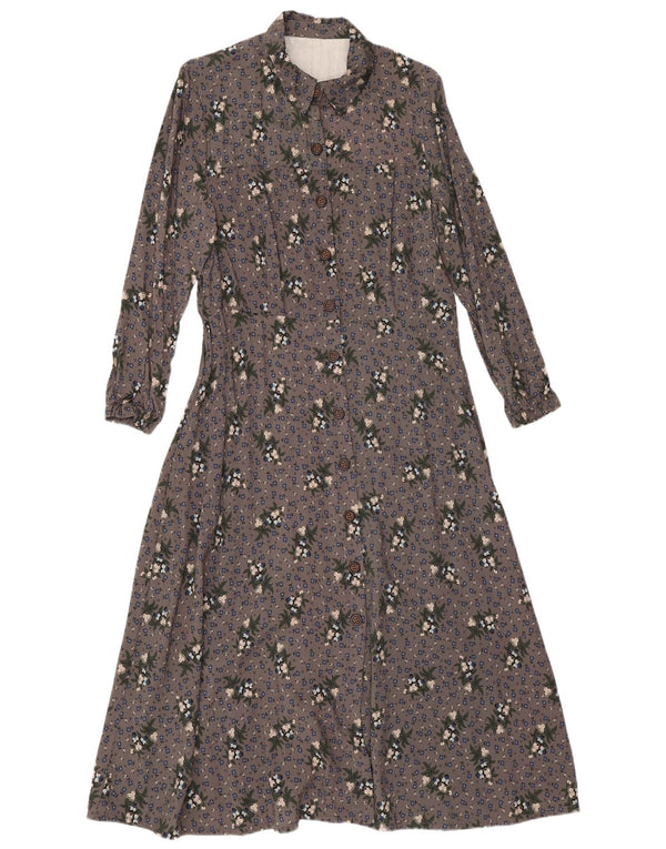 Vintage Womens Long Sleeve Shirt Dress UK 14 Medium Grey Floral