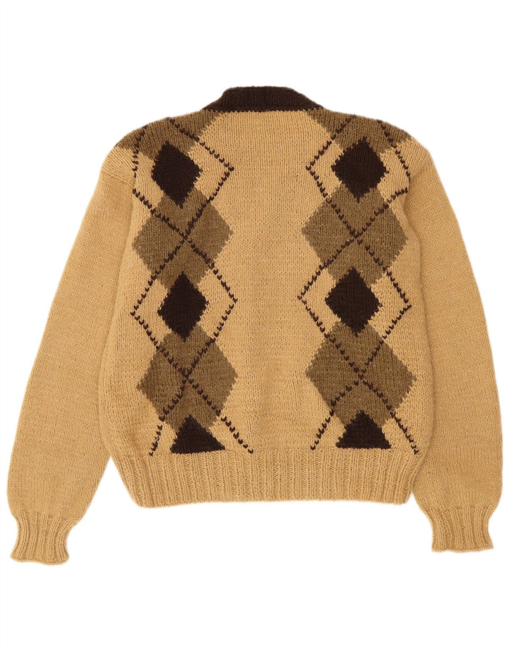 Vintage dame cardigan sweater UK 14 Medium Beige Argyle/Diamond