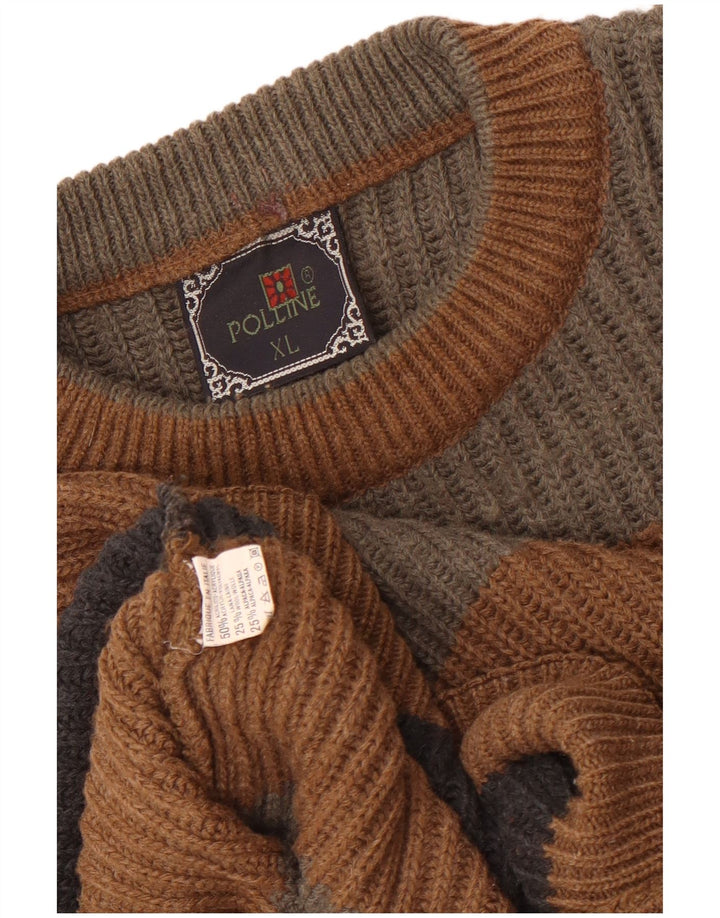 Vintage herre rund hals sweater XL brun stribet akryl