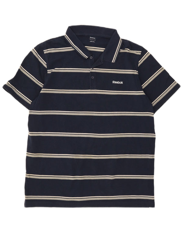Reebok Mens Polo Shirt Large Navy Blue Striped Cotton